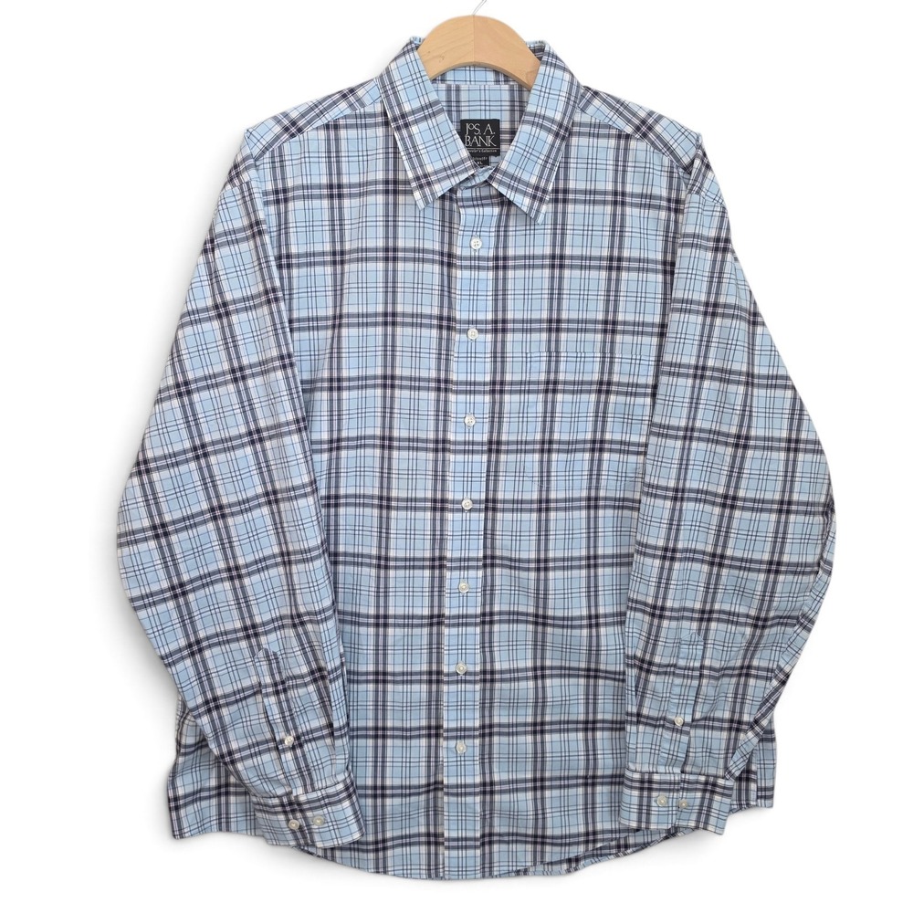 Jos A Bank Shirt Mens XL Traveler Collection Tailored Fit Plaid Button Down Blue